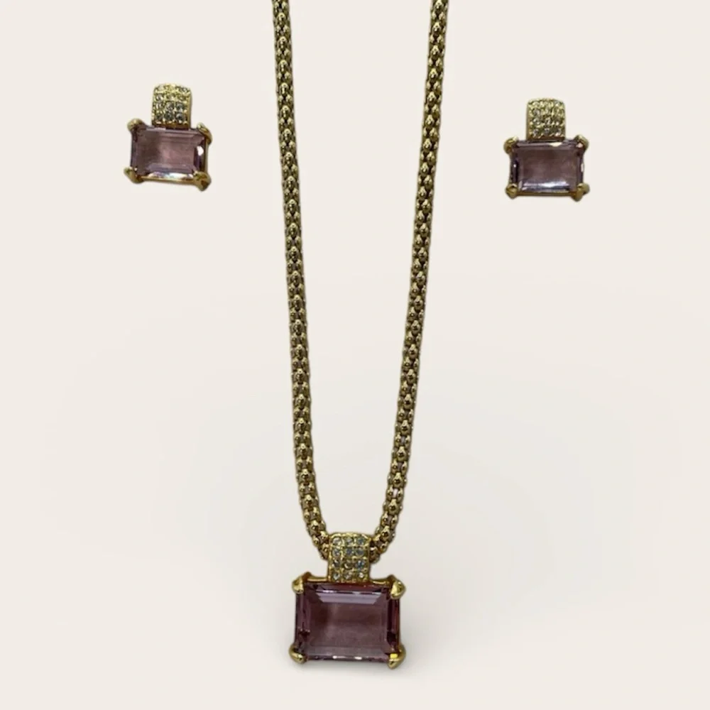 Swarovski Gold Tone Crystal Necklace & Earrings Set Swan Hallmark Light Amethyst - Picture 4 of 13